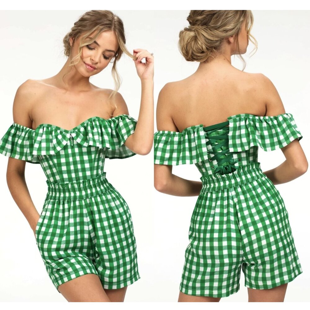 EU Steel Boned Green Gingham 3PC Set / Corset & Shorts Cottagecore Outfit NWT